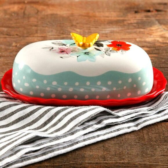 Pioneer Woman Flea Market Butterfly Butter Dish Stoneware Floral Lid Red Base - Picture 3 of 3